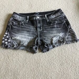 Black Distressed Denim Jean Shorts with Star Accent
